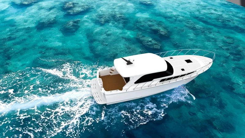 Slide: The Image of Luxury Mikelson Maverick 2026 yacht cruising on clear turquoise waters. - 2