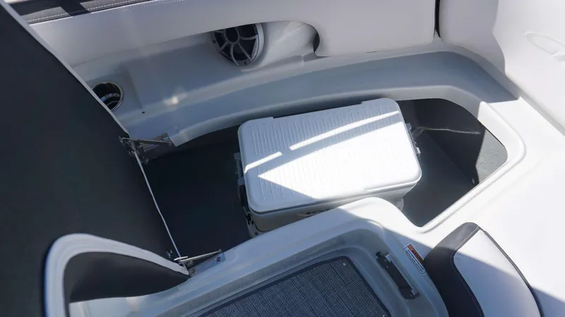 Slide: The Image of Interior storage compartment of 2024 Crownline 290 XSS boat with cooler and speaker. - 3