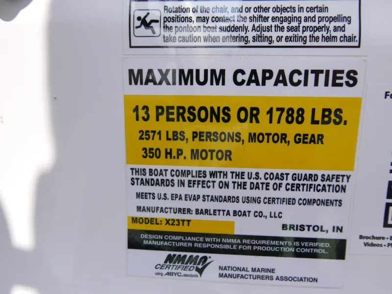 Slide: The Image of 2024 Barletta Corsa 23UC capacity label: 13 persons, 1788 lbs, 350 HP motor compliance. - 20