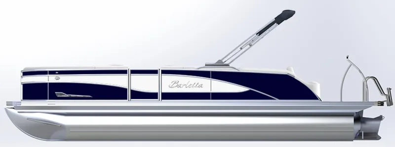 Slide: The Image of 2024 Barletta Corsa 23UC pontoon boat, side view, navy and white color scheme. - 31