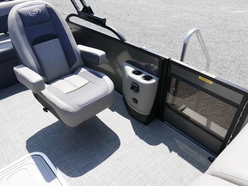 Slide: The Image of 2024 Barletta Corsa 23UC boat interior with gray seating and cup holders. - 14
