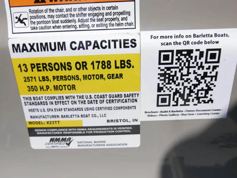 Slide: The Image of Barletta Corsa 23UC 2024 capacity label: 13 persons, 1788 lbs, 350 HP motor. - 20