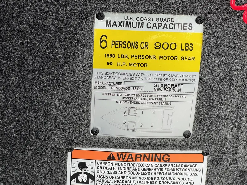 Slide: The Image of 2024 Starcraft Renegade 168 DC capacity label, 6 persons or 900 lbs, safety warnings. - 36