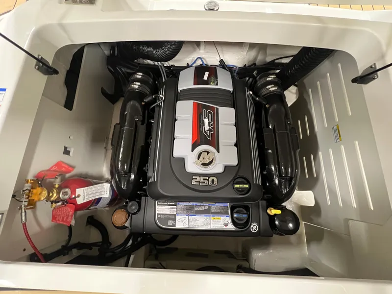 Slide: The Image of 2024 Sea Ray SPX 210 boat engine compartment with 250 HP engine. - 8