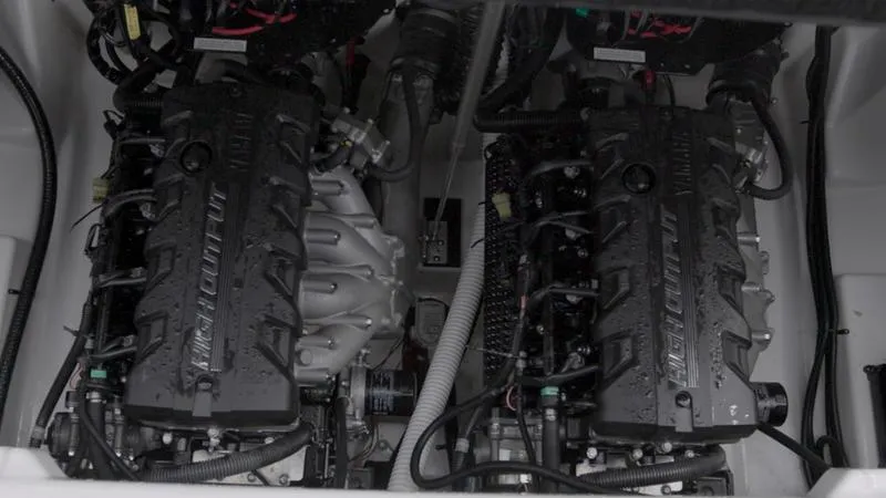 Slide: The Image of 2023 Yamaha Boats AR250 twin engines in the engine compartment. - 11
