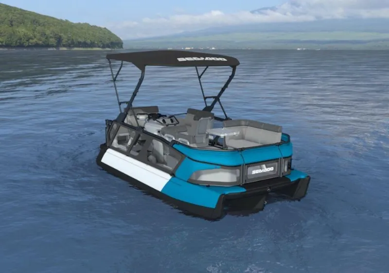 Slide: The Image of 2023 Sea-Doo Switch® Cruise 18-170 hp pontoon boat on a lake. - 6