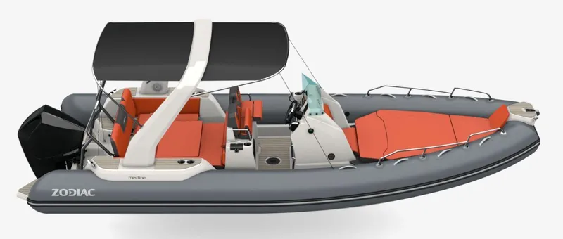Slide: The Image of 2024 Zodiac Medline 7.5 NEO 300hp boat with orange seating and black canopy. - 7