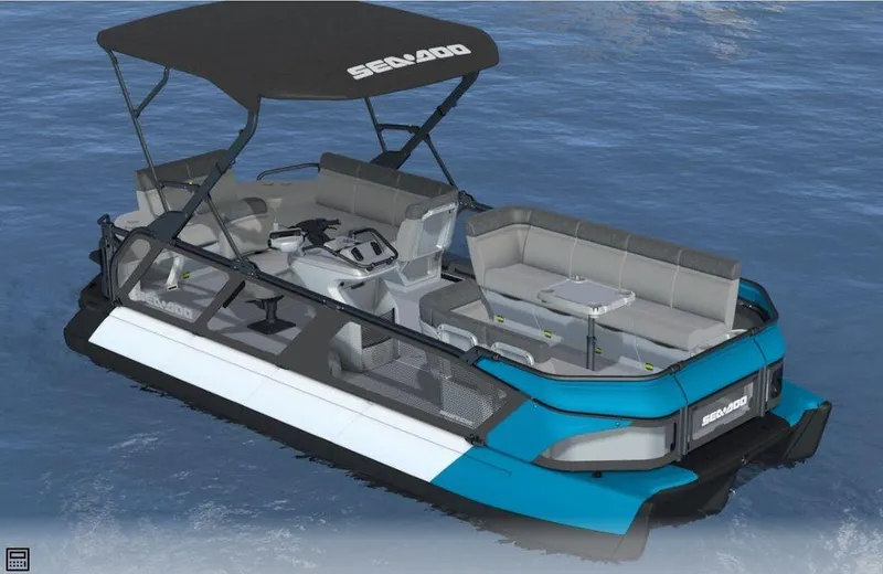 Slide: The Image of 2023 Sea-Doo Switch® Cruise 21-170 hp pontoon boat on water. - 3