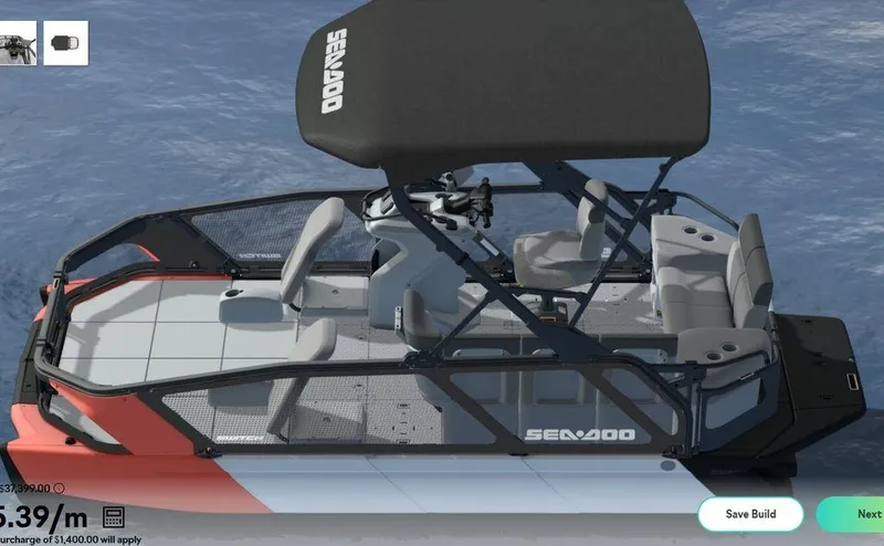 Slide: The Image of 2023 Sea-Doo Switch® Sport 18-230 hp boat on water, top view. - 1