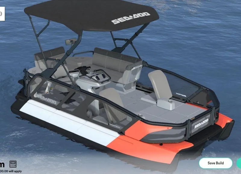Slide: The Image of 2023 Sea-Doo Switch® Sport 18-230 hp boat on water, featuring a black canopy. - 2