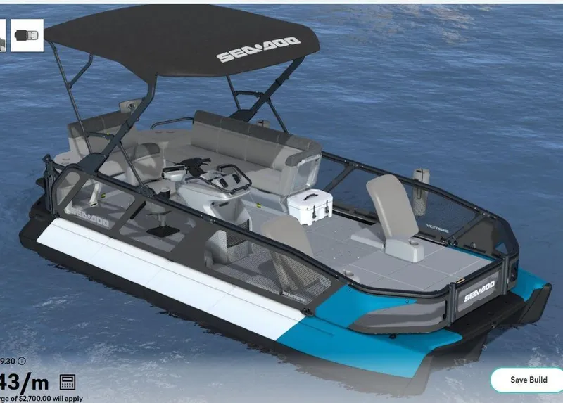 Slide: The Image of 2023 Sea-Doo Switch® Sport 21-230 hp pontoon boat on water. - 1