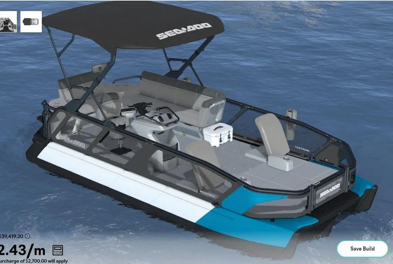 Slide: The Image of 2023 Sea-Doo Switch® Sport 21-230 hp boat on water, featuring a sleek design and spacious seating. - 2