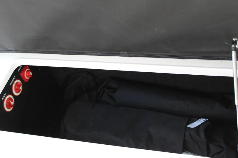 Slide: The Image of Storage compartment of 2024 Regal LS9 Surf boat with black bags and red switches. - 23