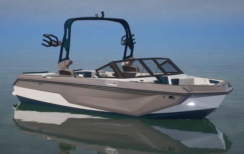 Slide: The Image of 2024 Nautique Super Air GS20 boat on calm water. - 10
