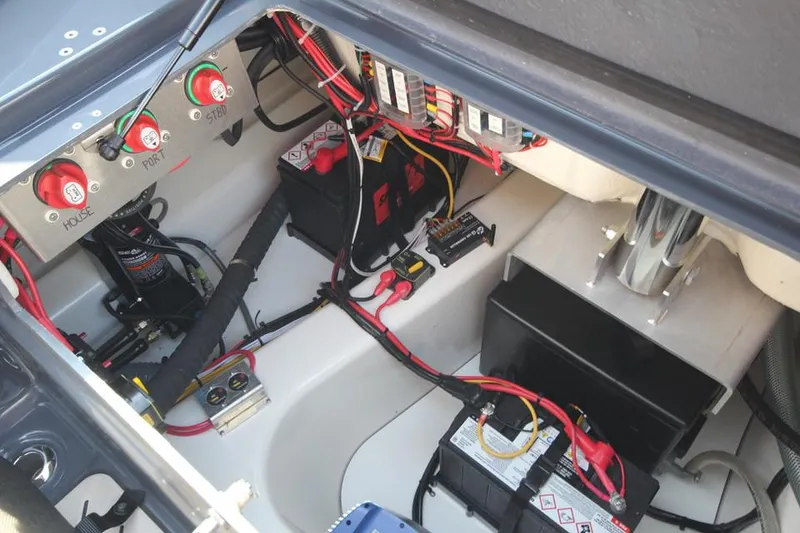 Slide: The Image of 2024 Zodiac MEDLINE 9 NEO boat engine compartment with wiring and battery setup. - 13