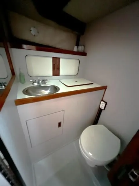 Slide: The Image of 1987 Black Watch 30 EXPRESS boat bathroom with sink and toilet. - 10