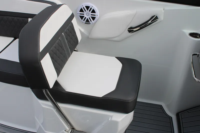 Slide: The Image of 2023 Monterey M6 boat interior seat with black and white upholstery. - 26