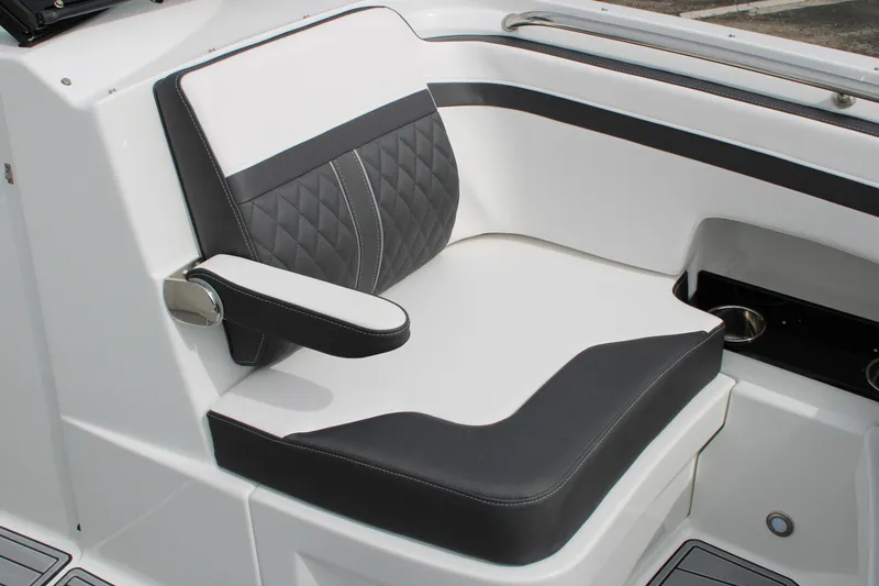 Slide: The Image of 2023 Monterey M6 boat seat with black and white upholstery. - 48