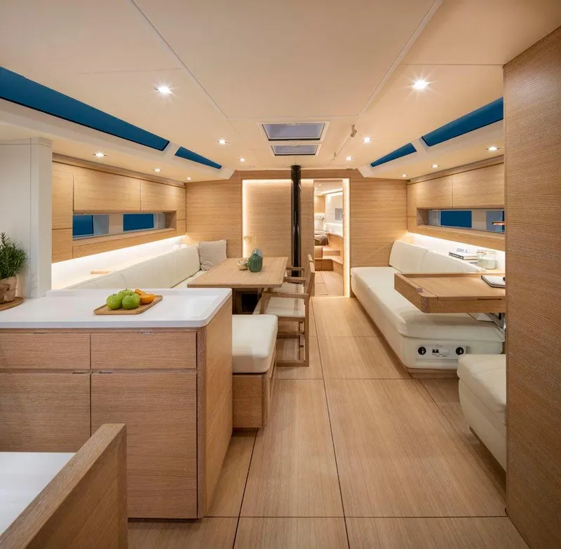 Slide: The Image of Luxurious interior of 2025 Solaris 50 yacht with modern wood finish and elegant seating. - 7