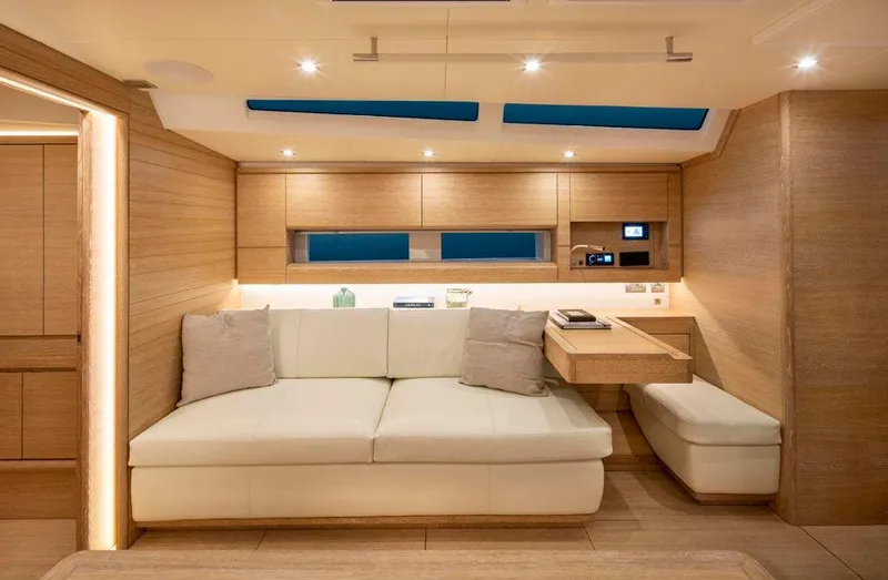 Slide: The Image of Luxurious interior of 2025 Solaris 50 yacht with modern wood finish and elegant seating. - 9