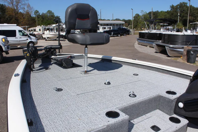 Slide: The Image of 2021 Tracker 195 TXW Tournament Edition fishing boat with elevated seat and trolling motor. - 20