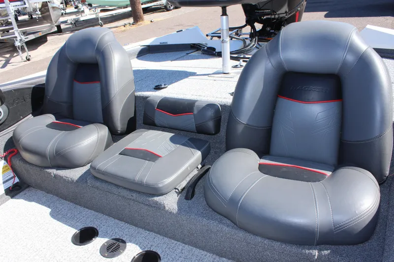 Slide: The Image of 2021 Tracker 195 TXW Tournament Edition boat seats in gray and black. - 14