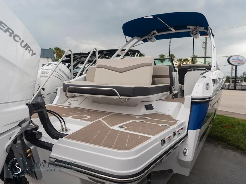 Slide: The Image of 2024 Monterey 275 Super Sport boat with Mercury outboard engines, rear view. - 27