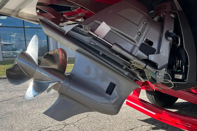 Slide: The Image of Close-up of 2024 Regal LS9 boat propeller and outdrive system. - 14