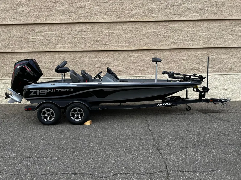 Slide: The Image of 2024 Nitro Z19 Pro fishing boat on trailer, side view. - 5