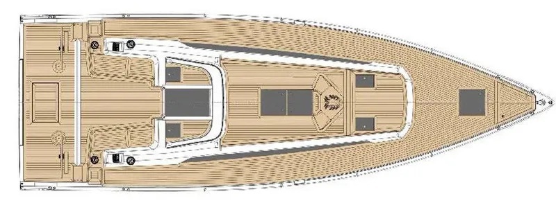 Slide: The Image of Top view of 2025 Solaris 40 yacht deck layout, featuring sleek design and spacious areas. - 11