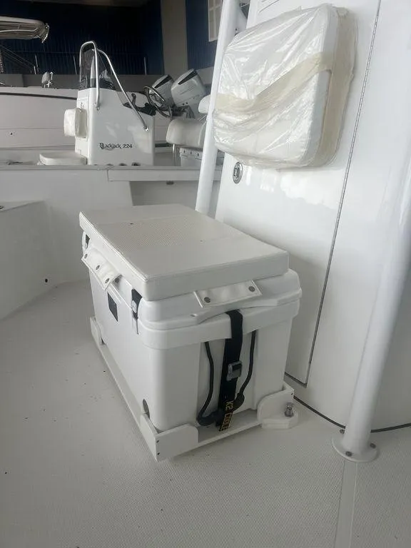 Slide: The Image of 2024 BlackJack 256 Bay boat interior with white cooler and seating. - 20