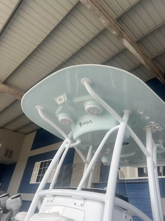 Slide: The Image of 2024 BlackJack 256 Bay boat under a metal roof, showcasing its sturdy T-top design. - 22