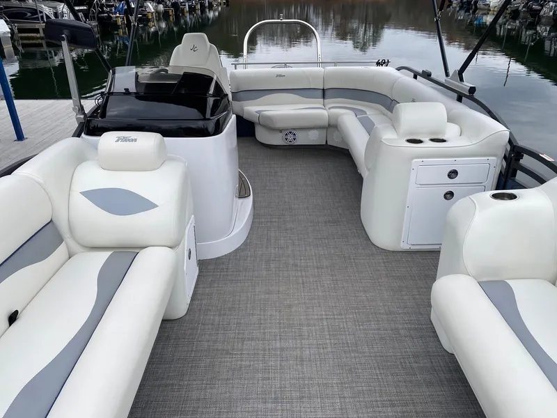 Slide: The Image of 2023 JC NEPTOON SPORT 21TT pontoon boat interior with white and gray seating. - 3