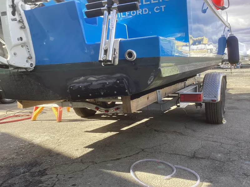 Slide: The Image of 1993 Ellis Downeast Hardtop boat on trailer, rear view, Milford, CT. - 3