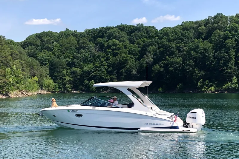 Slide: The Image of 2019 Regal 29 OBX boat cruising on a lake with lush green forest background. - 0