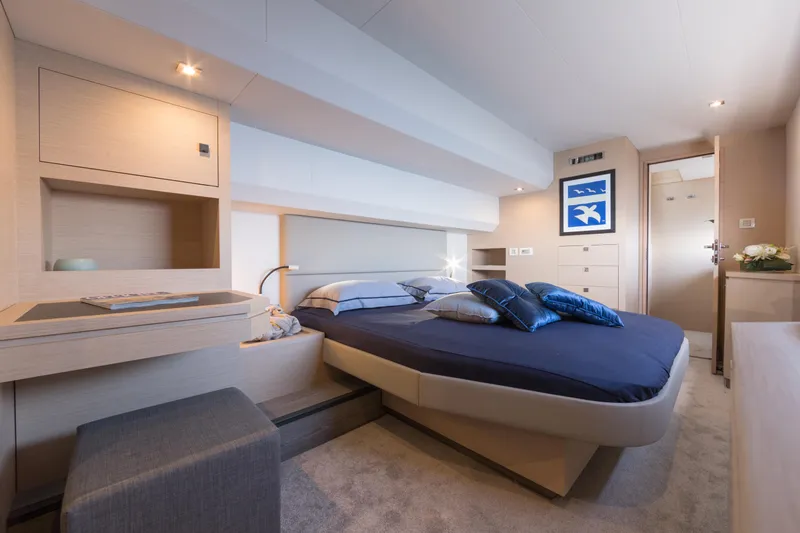 Slide: The Image of Luxurious bedroom interior of 2025 Fountaine Pajot MY 6 yacht. - 9