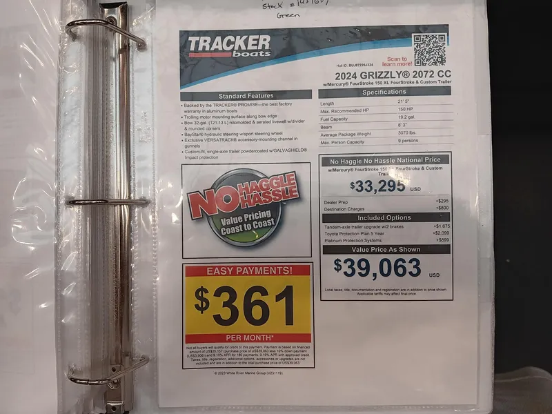 Slide: The Image of 2024 Tracker Grizzly 2072 CC boat pricing sheet in binder, featuring easy payment options. - 11