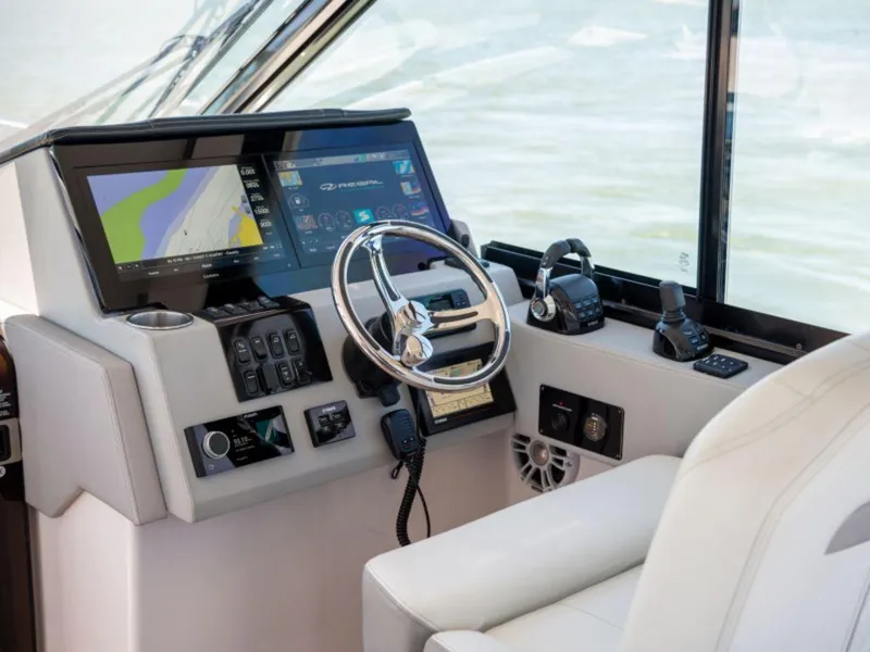 Slide: The Image of Top view of 2024 Regal 36 XO boat layout with twin engines. - 11