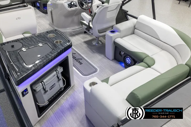 Slide: The Image of 2024 Avalon LSZ ELW boat interior with luxury seating and modern amenities. - 12