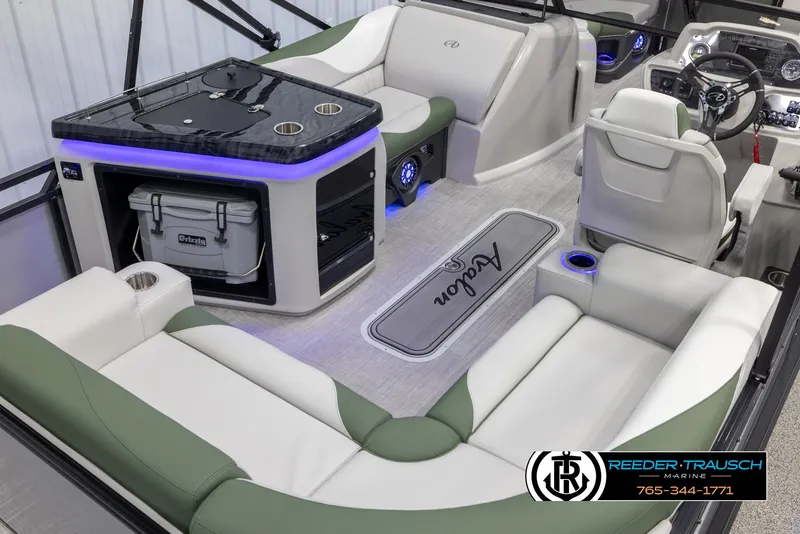 Slide: The Image of 2024 Avalon LSZ ELW boat interior with luxury seating and modern amenities. - 13
