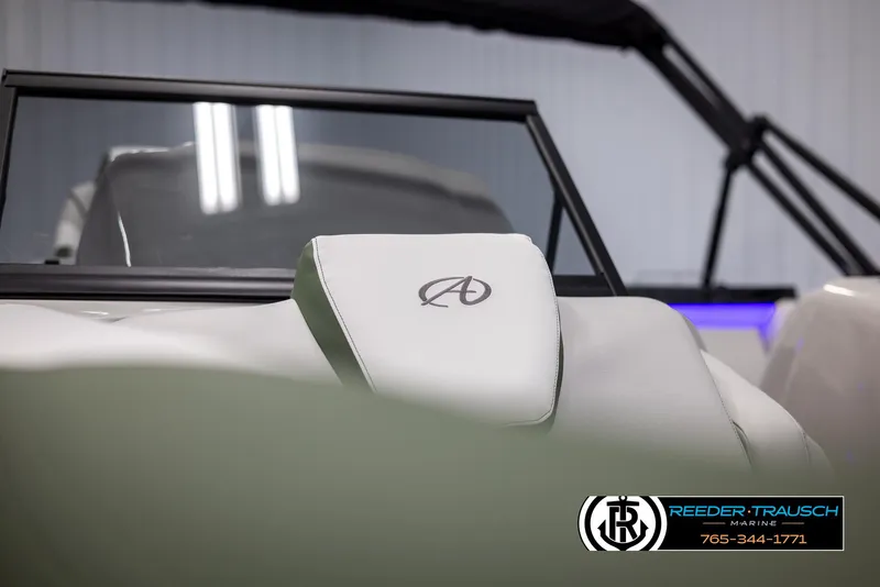 Slide: The Image of 2024 Avalon LSZ ELW boat interior with logo and Reeder-Trausch Marine contact details. - 43