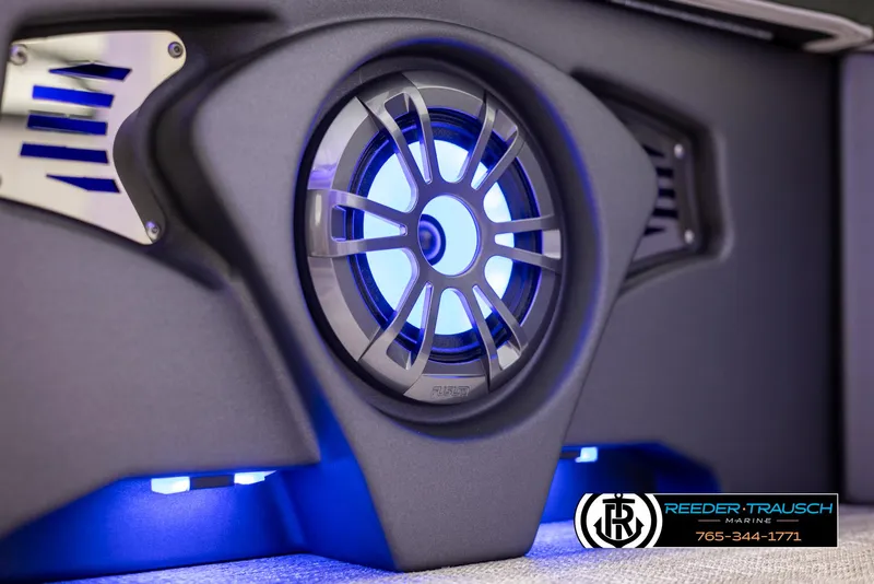 Slide: The Image of 2024 Avalon LSZ ELW boat speaker with blue LED lighting. - 45