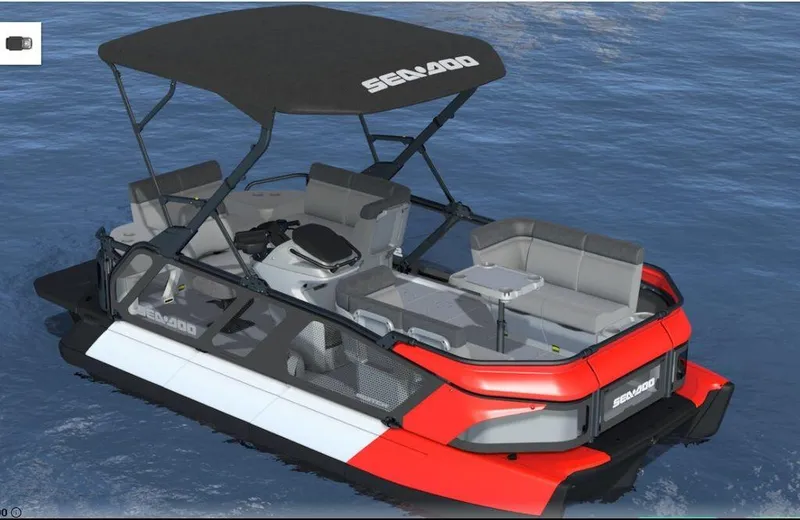 Slide: The Image of 2024 Sea-Doo Switch® Cruise 18 - 230 hp pontoon boat on water. - 3