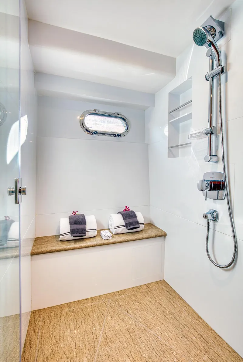 Slide: The Image of Luxury bathroom in 2025 Hampton 750 Endurance LRC yacht with modern shower and towels. - 44