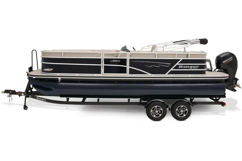 Slide: The Image of 2024 Ranger Reata 220C pontoon boat on trailer. - 3