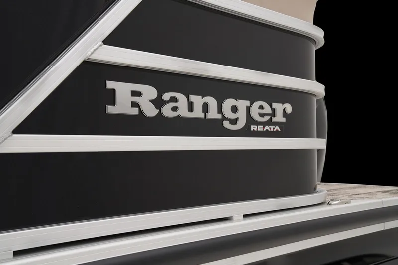 Slide: The Image of 2024 Ranger Reata 220C boat side view with logo. - 8