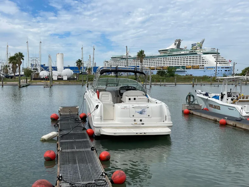 Slide: The Image of 2006 Sea Ray 290 Amberjack docked in a marina with a cruise ship in the background. - 3