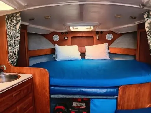 Slide: The Image of 1995 Luhrs 32 Tournament Open cabin with blue bedding and wooden cabinetry. - 8