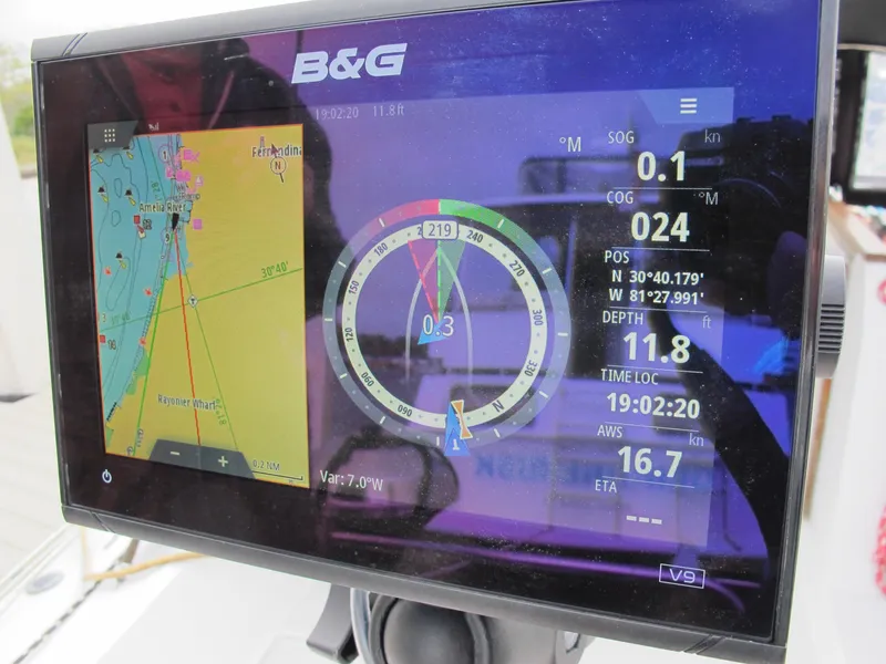 Slide: The Image of B&G navigation display on a 1987 O'Day 322 sailboat showing map and sailing data. - 18
