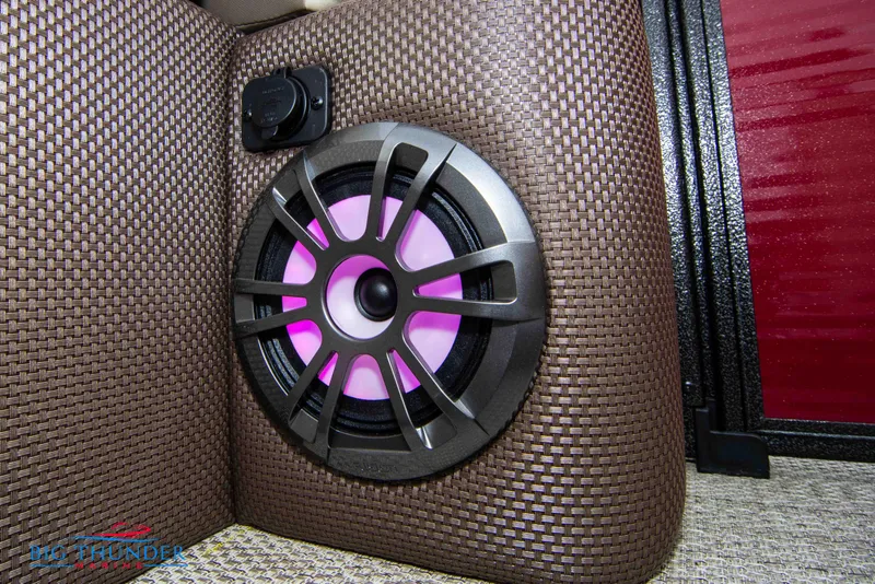 Slide: The Image of 2023 Crest Classic Platinum 240 SLC speaker with purple LED light in woven brown panel. - 17